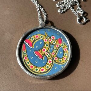 Ohm symbol sterling silver 20” necklace. Blue, red, gold, green